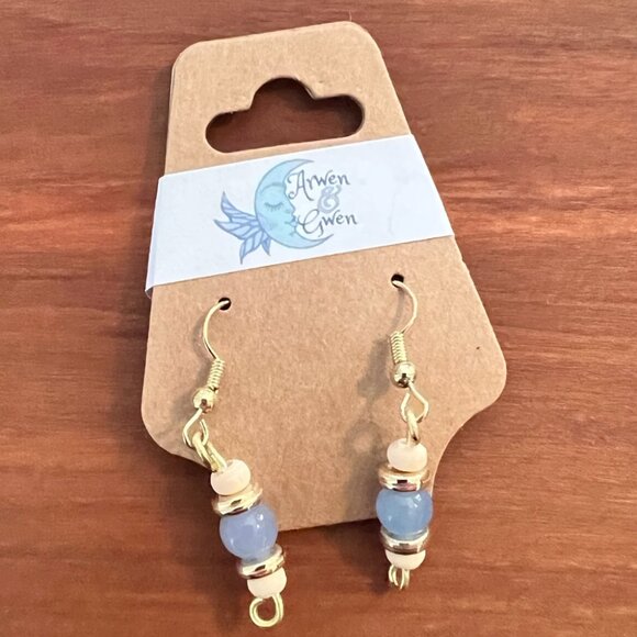 Dainty Violet Blue Purple and Wood Beaded Drop Earrings - Picture 2 of 2